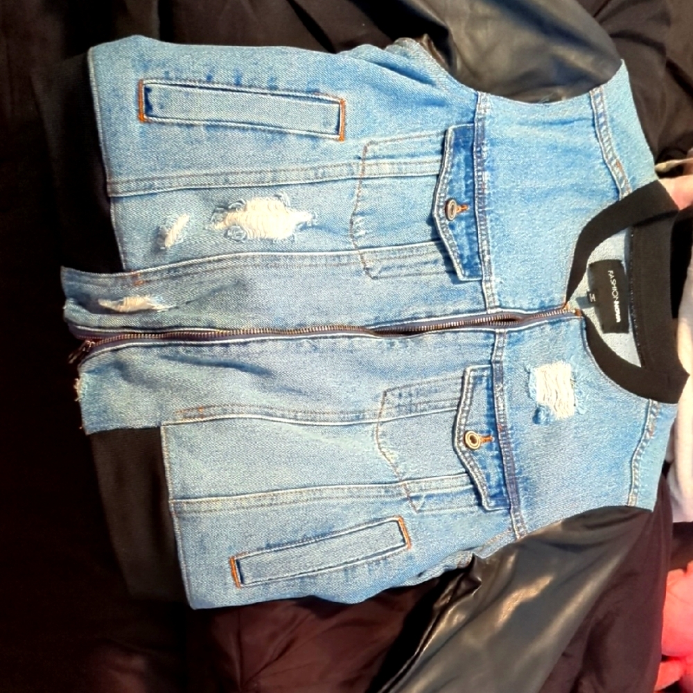 Fashion Nova Blue Denim Jacket with Black Sleeves